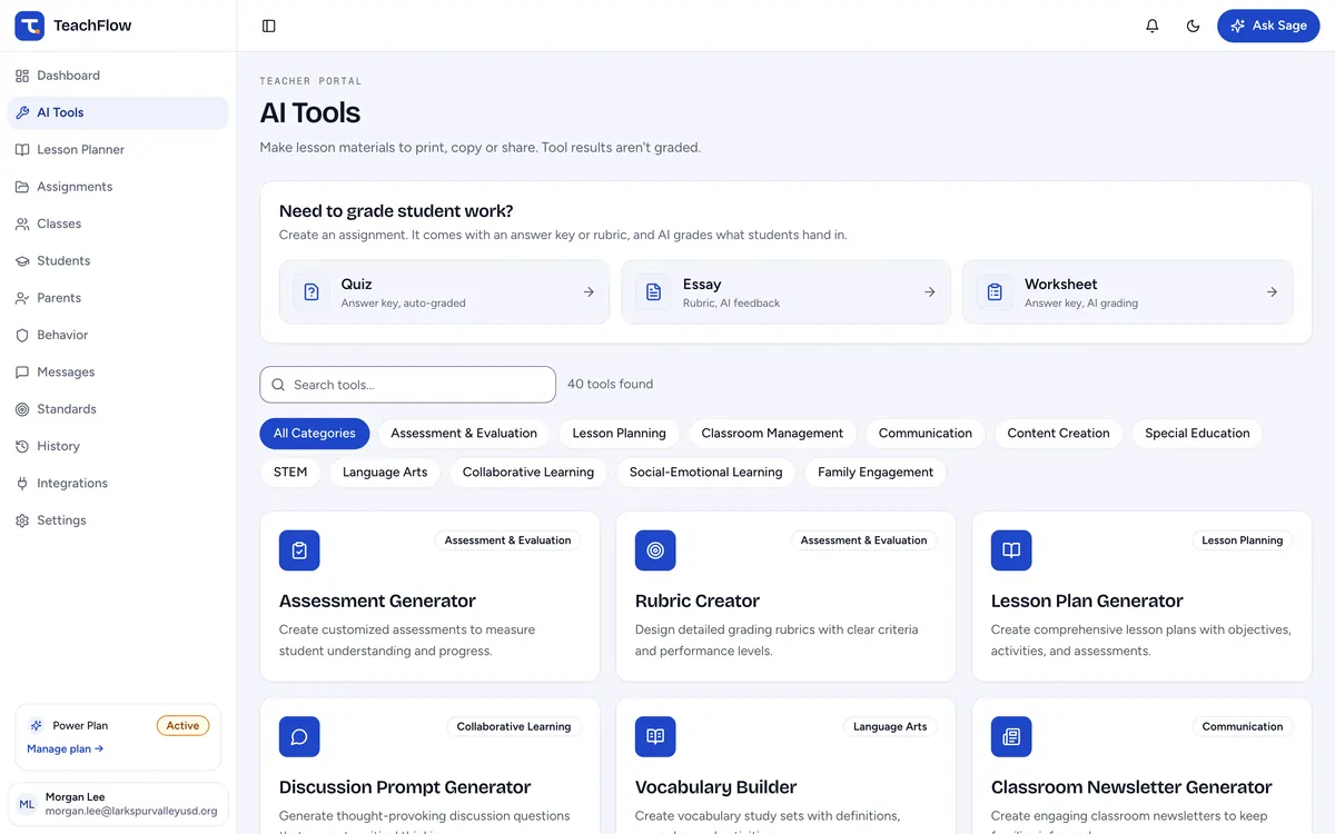 TeachFlow's AI tools page: 40 tools in categories such as assessment, lesson planning and communication, including the Rubric Creator and Lesson Plan Generator.
