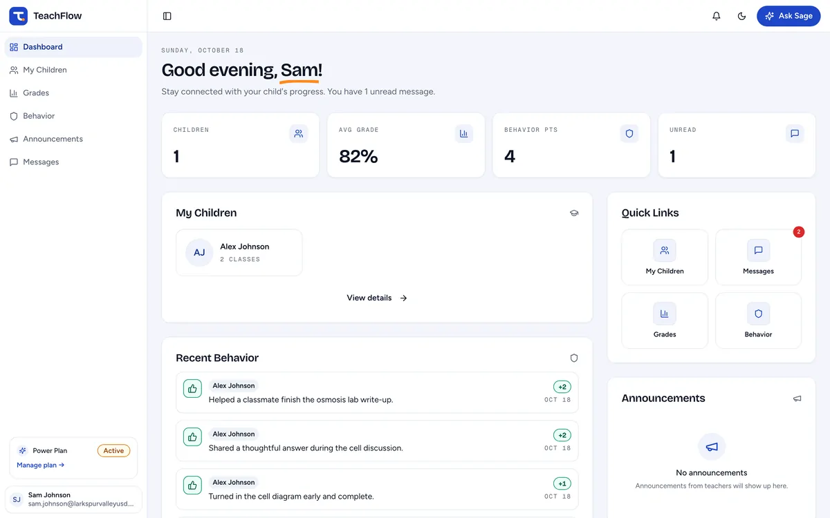 The TeachFlow parent portal: the child's classes, average grade and behavior points, and the teacher's recent behavior notes.